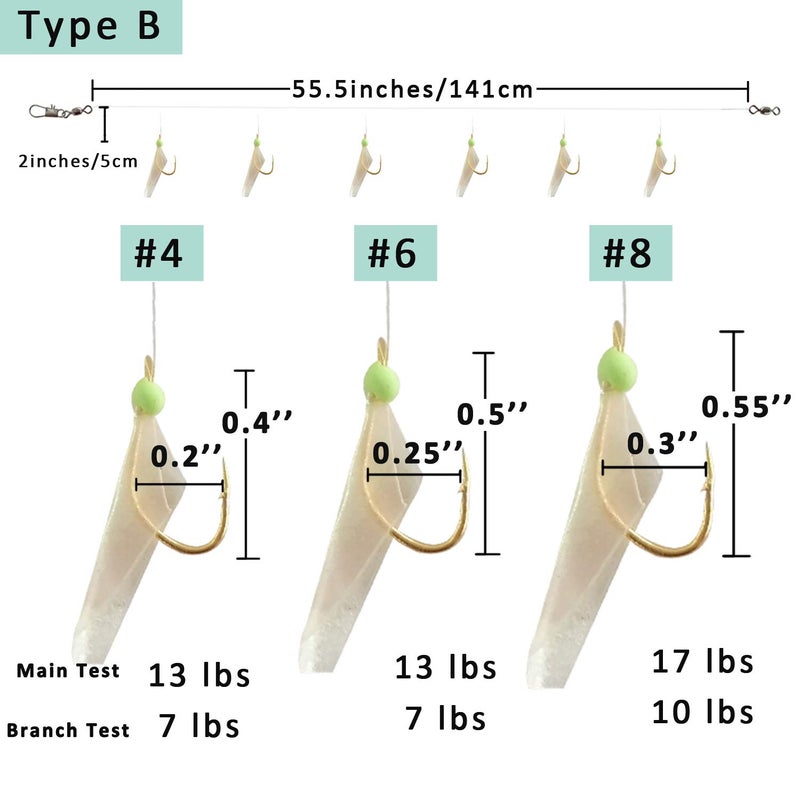 JSHANMEI Fishing Bait Rigs Set 15 Packs String Hooks Glow Lure Rig Saltwater Surf Fishing Rigs with Real Fish Skin, Sharp Hooks Swivels for Mackeral Herring Baitfish, Type B 8# - Image 2